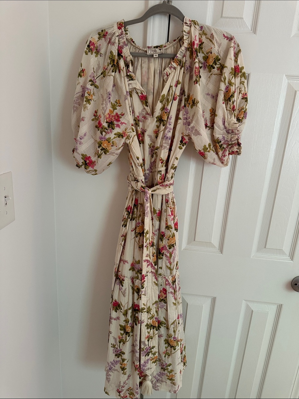 Millie Floral Cream Maxi Dress with Tie Waist and Puff Sleeves